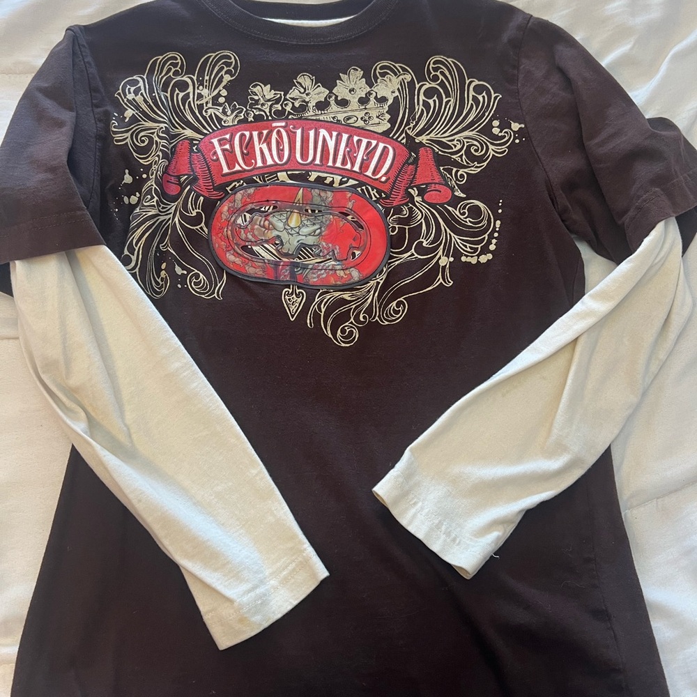 Ecko Unlimited Red and Cream Long Sleeve Tee